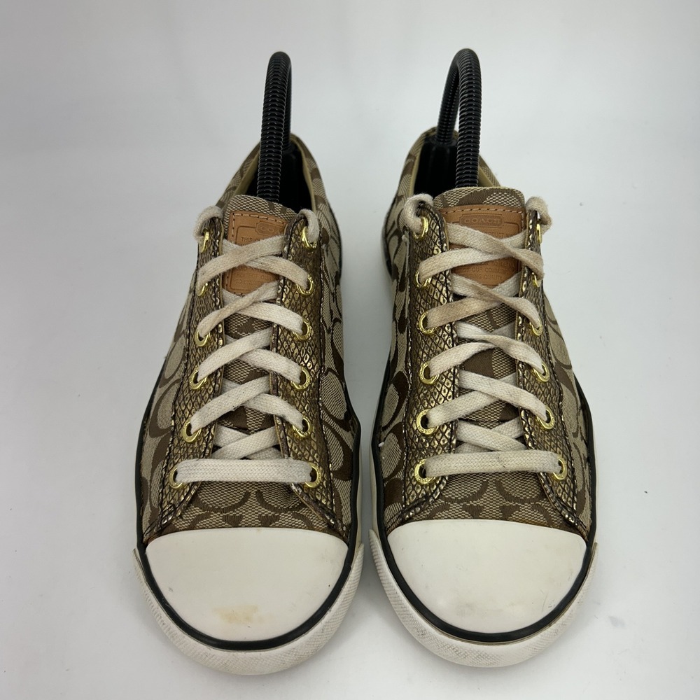 Coach Shoes Womens Size 7.5B Gema F0007 Gold Signature Canvas Lace Up Sneakers - Picture 2 of 16